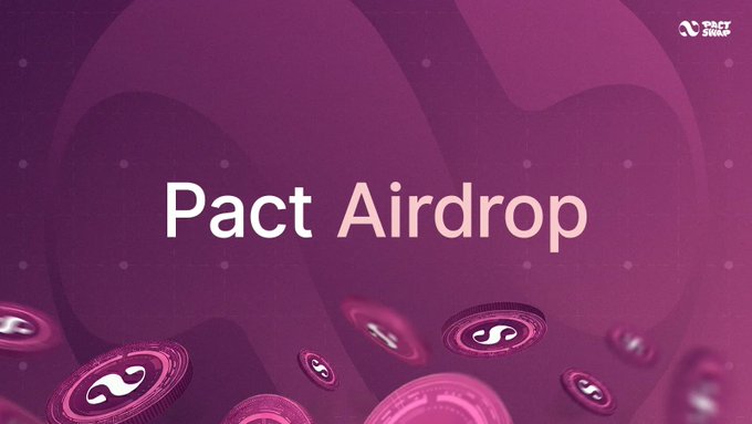 A purple promotional graphic titled 'Pact Airdrop' featuring falling coin tokens with question marks and the Pact Snipe logo.