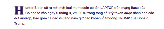 Vietnamese-language news snippet stating that Hunter Biden will launch a memecoin called LAPTOP on Coinbase's Base network on September 9, with 20% of the 1 billion token supply reserved for airdrops to holders of Donald Trump's TRUMP token.