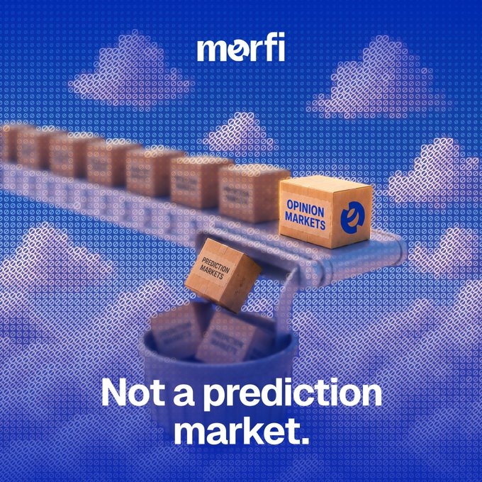 The image is a promotional graphic for Merfi, featuring cardboard dominoes arranged on a table, with one labeled "OPINION MARKETS" standing upright while others marked "PREDICTION MARKETS" are toppling into a bucket below. The bold caption reads "Not a prediction market." against a blue halftone background, visually reinforcing the post's message by depicting opinion markets as a distinct, standing category separate from falling prediction markets.