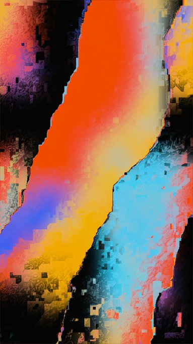An abstract, colorful digital art piece with textured geometric shapes in vibrant shades of orange, red, blue, yellow, and purple.
