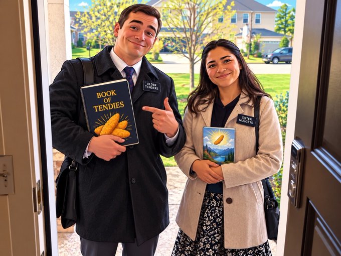 A man and woman, both dressed as Mormon missionaries with name tags, stand at a doorway; the man holds a 'Book of Tendies' with corn illustrations, while the woman holds a pamphlet depicting Jesus holding a taco.