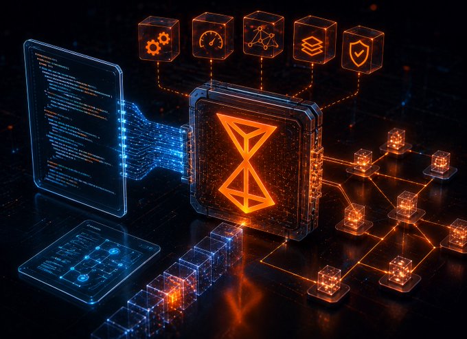 A digital 3D rendering of a glowing orange hourglass icon on a dark, tech-themed background with floating holographic interface panels and icons.