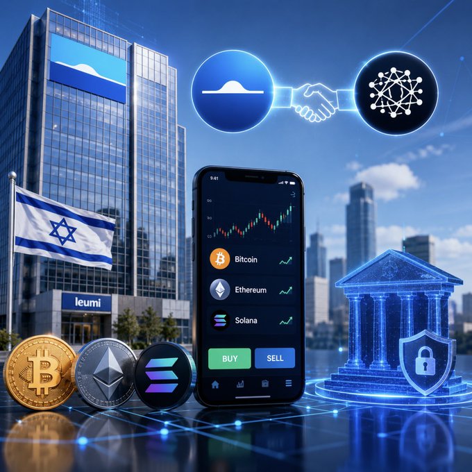 A digital composite image depicts a cryptocurrency theme, showing a smartphone displaying trading options for 'Bitcoin', 'Ethereum', and 'Solana', alongside an Israeli flag, a 'leumi' bank building, physical crypto coins, and a handshake icon connecting to an AI symbol.