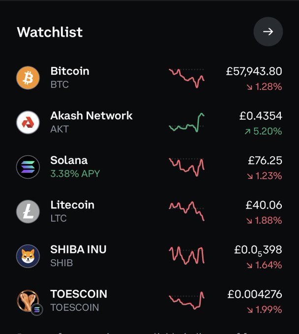 A cryptocurrency watchlist displaying prices and 24-hour performance for several coins, where Akash Network (AKT) stands out as the only asset in green at £0.4354 with a 5.20% gain, while Bitcoin (£57,943.80), Solana (£76.25), Litecoin (£40.06), SHIBA INU (£0.0₅398), and TOESCOIN (£0.004276) all show red declines—perfectly illustrating the post's theme of AKT glowing green while everything else is red.