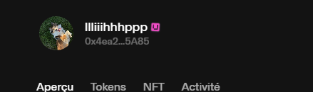 A user profile named "Illiiihhhppp" with the wallet address 0x4ea2...5A85 and an NFT tag, displayed above tabs for Aperçu, Tokens, NFT, and Activité. The image appears to be a wallet or profile page possibly related to the Uniswap contract address mentioned in the post.