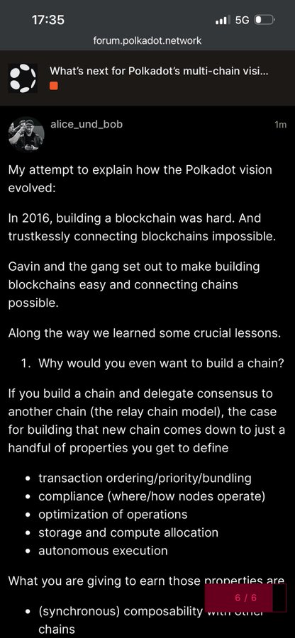 A mobile screenshot from forum.polkadot.network showing a post by 'alice_und_bob' explaining the evolution of Polkadot's multi-chain vision and relay chain model.