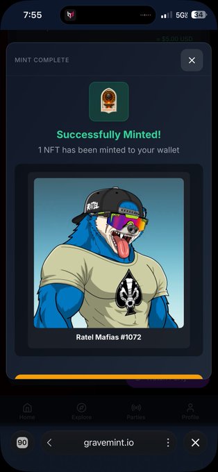 A mobile phone screenshot showing a successful NFT mint on gravemint.io, displaying an illustration of a blue bear wearing sunglasses and a black cap labeled 'Ratel Mafias #1072'.