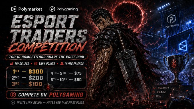 The image showcases an advertisement for an esport trading competition with a fighter character as the main player, standing over a large sword or sword-like weapon that has been rendered in metallic silver color with a red background. This man looks like he is ready for battle and has his sword at the ready as well. The title of the ad reads "ESports Trading Competition" which highlights the nature of the competition where participants trade their skills, strategies, and points to win prizes. Another post in the image provides details about how to participate by stating that "Top 10 competitors will get a part of pool". The advertisement also mentions other ways to join like "Trade live" (with a price tag of $300), " Earn points", "Invite friends", and so on.
