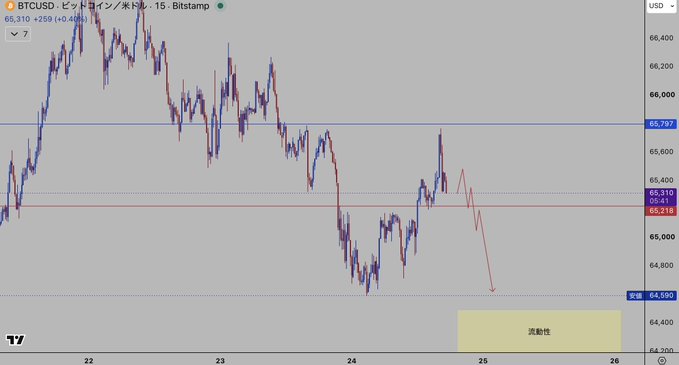 A BTCUSD Bitstamp Bitcoin price chart in Japanese yen, showing a downward trend with a red arrow projection and the current price at 65,310.