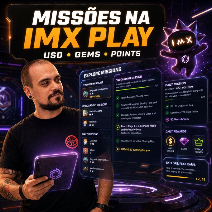 The image features a man holding a tablet computer with a purple screen. The background of the image has a futuristic design, giving off an immersive gaming atmosphere. The text displayed in the image includes "Missoes na Imx Play" and "USD", which suggests that this is related to a video game or gaming event. The man's position near the center of the image indicates he might be participating in or preparing for such an activity.