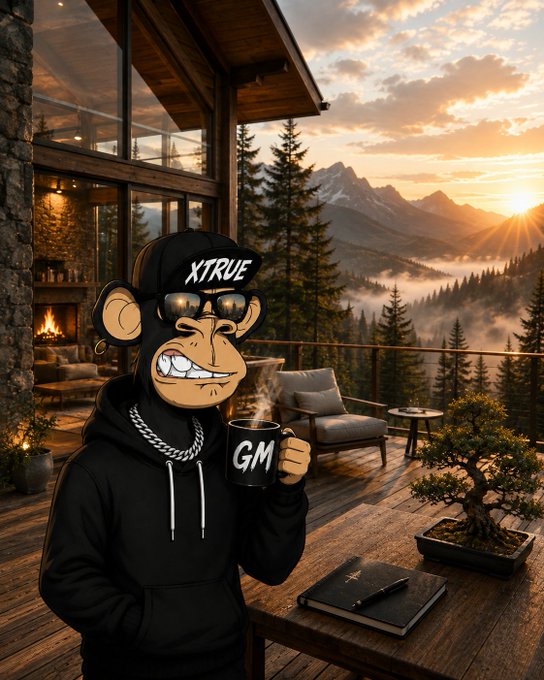 A cartoonish ape character wearing sunglasses and a "XTRUE" cap sits on a cabin deck at sunset, holding a "GM" mug, with mountains, pine trees, and a glowing fireplace visible in the background.