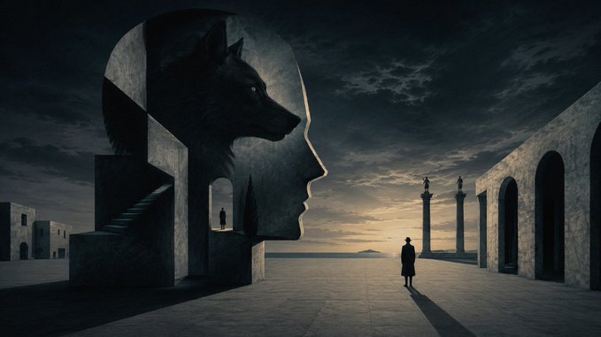 A surreal, dark digital artwork depicting a massive stone head in profile with a wolf's head inside it, standing in a desolate plaza with arches and small silhouetted figures.