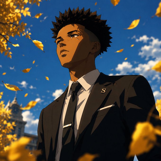 An anime-style illustration of a young man in a black suit with an 'S' lapel pin, looking up toward the sky as yellow autumn leaves fall around him.
