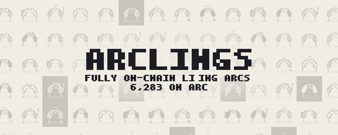 Pixel-art style banner for 'ARCLINGS' advertising 'FULLY ON-CHAIN LIVING ABCS' with the date '6.283 ON ARC' on a background of repeating character sprites.