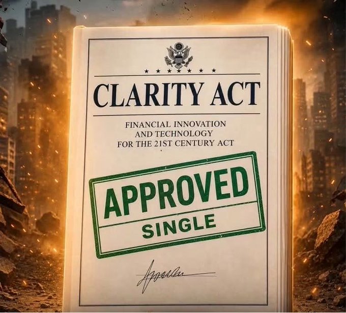 The image shows a document titled "CLARITY ACT — Financial Innovation and Technology for the 21st Century Act" stamped with a green "APPROVED" seal, set against a dramatic, fiery cityscape backdrop. This visually reinforces the post's urgent call to pass the CLARITY Act, framing its approval as a pivotal, high-stakes moment for crypto's future and specifically for $XRP holders being urged to "hang tight."