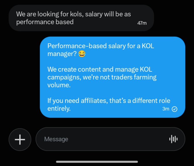 A text conversation screenshot shows a recruiter offering 'performance based' salary for KOLs, with the reply explaining that they 'create content and manage KOL campaigns, we're not traders farming volume.'