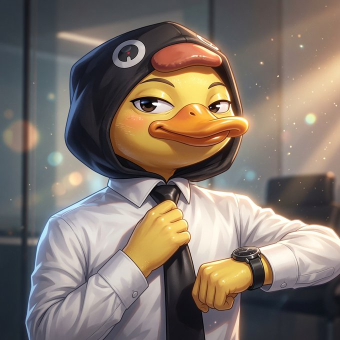 The image features a cartoon duck wearing a tie and a hooded hat, standing in an office setting. The duck appears to be adjusting its tie while looking at the camera with a serious expression. The caption below the image reads "For those building in web3, @wallchain provides infrastructure to accelerate community development through targeted distribution". This suggests that the cartoon duck is related to the web3 space and could potentially be an advertisement for a company or service offering web3-related solutions.