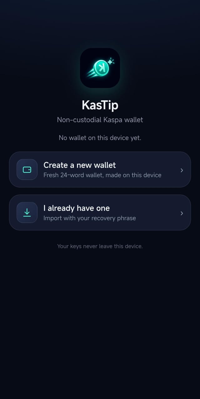 The image shows the launch screen of KasTip, a non-custodial Kaspa wallet app, displaying options to create a new 24-word wallet or import an existing one with a recovery phrase. The interface emphasizes "Your keys never leave this device," highlighting its self-custodial security feature in line with the announcement of KasTip's release on Google Play.