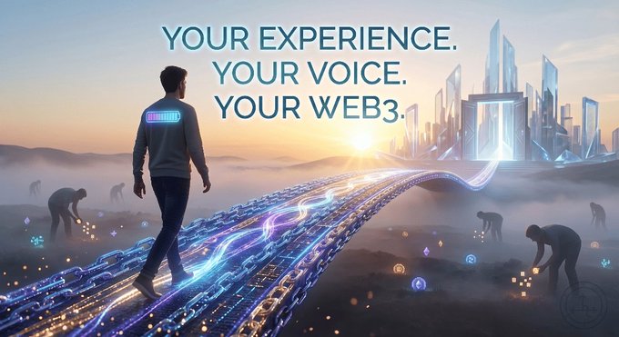 A futuristic Web3 promotional image showing a silhouetted figure walking on a glowing digital pathway toward a crystalline city, with silhouetted apes in the foreground and the text 'YOUR EXPERIENCE. YOUR VOICE. YOUR WEB3.'