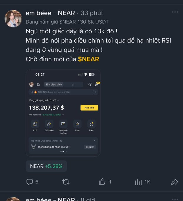 A social media post by user "em bèee" displays a Binance app screenshot showing a futures profit of $138,207.37 (+$760.92, +2.80%) on the ARB/USDT pair, with a NEAR price tag showing +5.28%, captioned in Vietnamese celebrating a 13k gain overnight while waiting for NEAR's new all-time high. The post reinforces the accompanying caption's claim of authenticity by showing actual Binance app proof and a substantial six-figure profit, lending credibility to the celebratory message about crypto trading success.