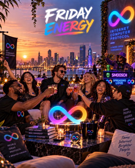 A vibrant promotional graphic for 'Friday Energy' featuring a diverse group of friends toasting at a sunset rooftop party, promoting the 'Internet Computer Protocol' with an infinity logo and slogans like 'Open Internet' and 'Same People, Higher Freedom'.