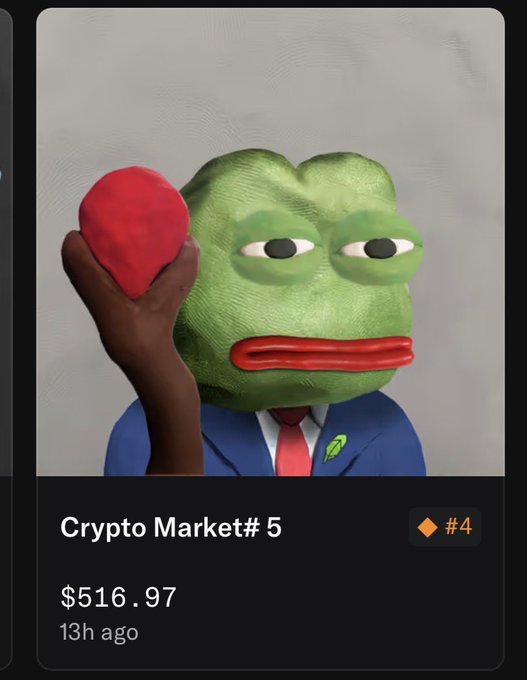 A 3D rendering of a 3D-printed green Pepe the Frog character wearing a blue suit and holding a red heart, listed as a crypto collectible "Crypto Market# 5" priced at $516.97.