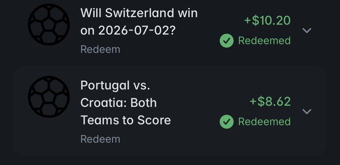 A dark-themed app interface showing two redeemed sports betting outcomes: 'Will Switzerland win on 2026-07-02?' for +$10.20 and 'Portugal vs. Croatia: Both Teams to Score' for +$8.62, both marked as Redeemed.