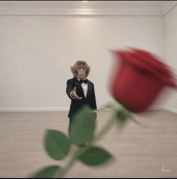 A digitally edited image of a chimpanzee dressed in a black tuxedo with bow tie, reaching out toward a large red rose in the foreground within a white gallery space.