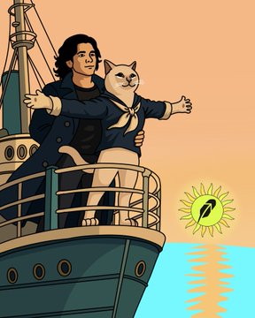 A cartoon-style illustration shows a long-haired character and a cat wearing sailor scarves standing with outstretched arms on the deck of a ship, sailing toward a smiling sun setting over the sea. The image captures the "Vlad and $CASHCAT sailing straight into the sunset" theme, symbolizing a bold, committed journey toward a lucrative destination with carefree crypto enthusiasm.