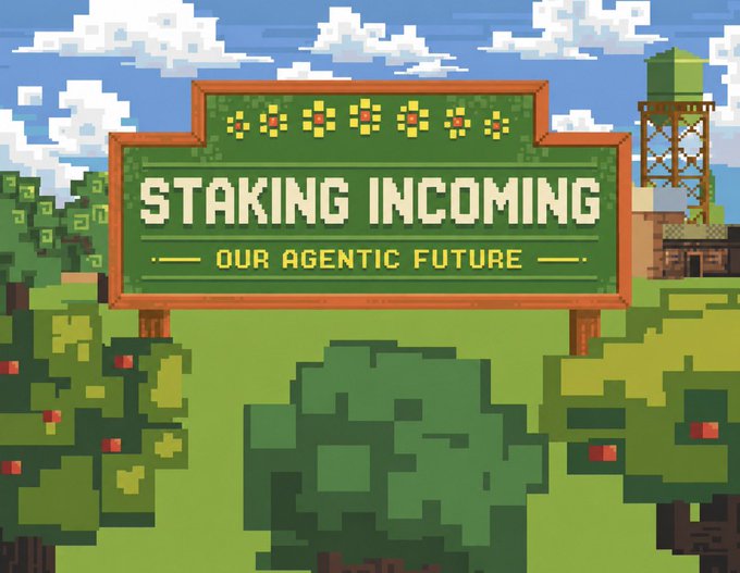 A pixel art-style billboard reads "STAKING INCOMING — OUR AGENTIC FUTURE" set in a vibrant green landscape with pixelated trees, bushes, and a water tower, visually echoing the post's theme of upcoming staking platforms and agentic NFT/crypto projects.