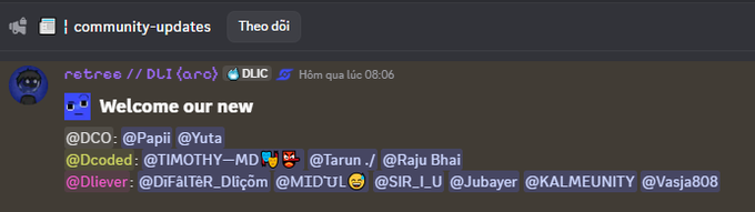 A Discord message in the #community-updates channel welcoming new members including @DCO, @Papii, @Yuta, @Dcoded, and others in Vietnamese.