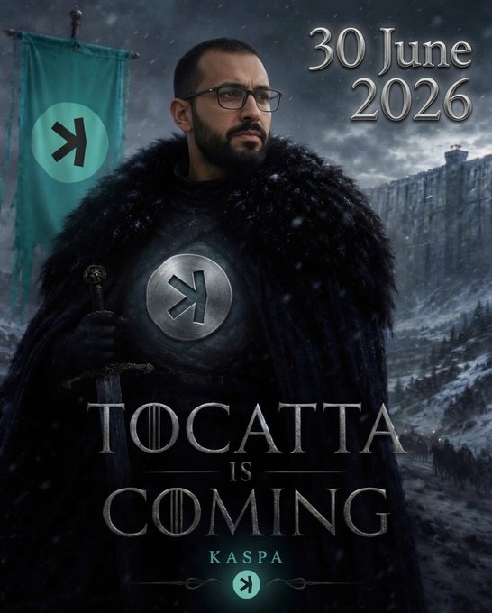 The image features a poster for the TV show "Tocata Is Coming", which is set against a snowy mountain backdrop. The poster prominently displays the title of the show and the date when it will be released, as well as an actor's headshot. The text on the poster reads "Winter is over. $KAS Tocatta is coming, 30 June 2026". This suggests that the show has been adapted for streaming platforms like Netflix or Amazon Prime, with a release date of 30 June 2026.