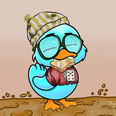 A cartoon illustration of a blue duck wearing a striped beanie and sunglasses, holding a sandwich and a coffee cup while standing on muddy ground.