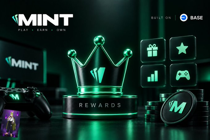 A promotional graphic for a platform called 'MINT' built on 'BASE', featuring a crown on a pedestal labeled 'REWARDS' next to a stack of green-themed coins and a game controller.