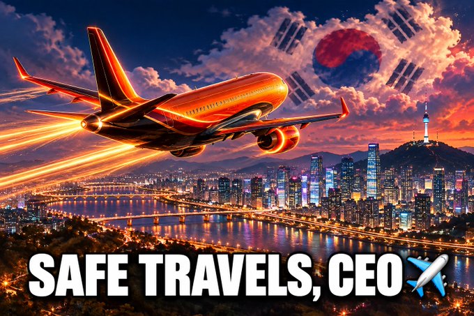 A digital banner shows a commercial jet flying over a lit-up city skyline at sunset, featuring a South Korean flag in the clouds and the text "SAFE TRAVELS, CEO ✈️".
