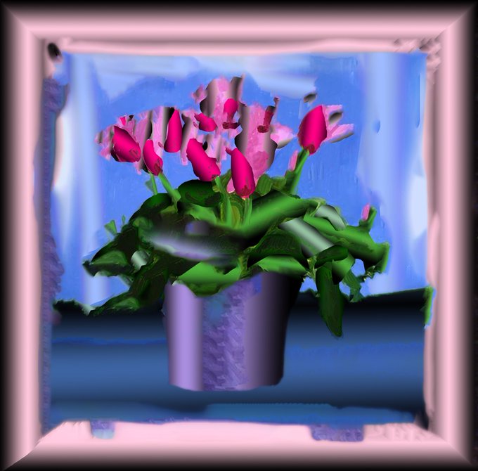 An AI-generated or distorted image of a potted plant with pink cyclamen flowers, featuring glitchy, melted textures and a framed border.
