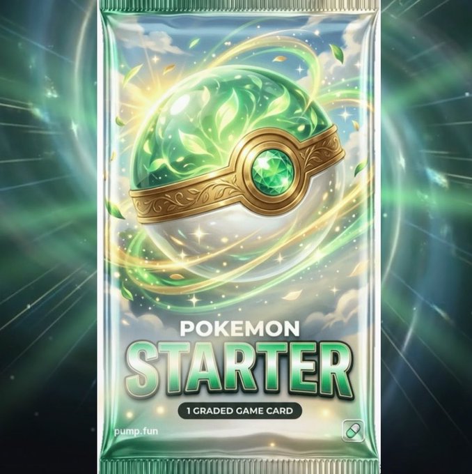 A digital trading card pack featuring a green orb with golden trim and the text "POKEMON STARTER - 1 GRADED GAME CARD," associated with a pump.fun token created by artist Dex.
