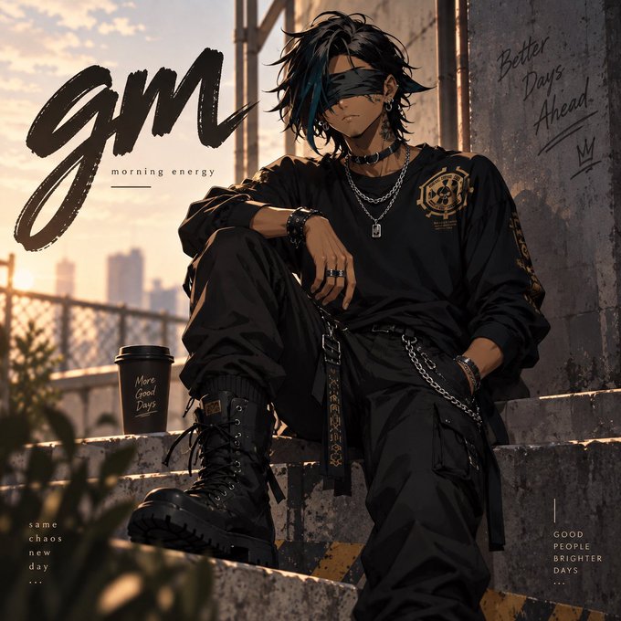 An anime-style illustration of a blindfolded character with dark hair and chains sitting on concrete steps with a coffee cup, featuring text 'GM morning energy', 'Better Days Ahead', 'More Good Days', 'same chaos new day', and 'GOOD PEOPLE BRIGHTER DAYS'.