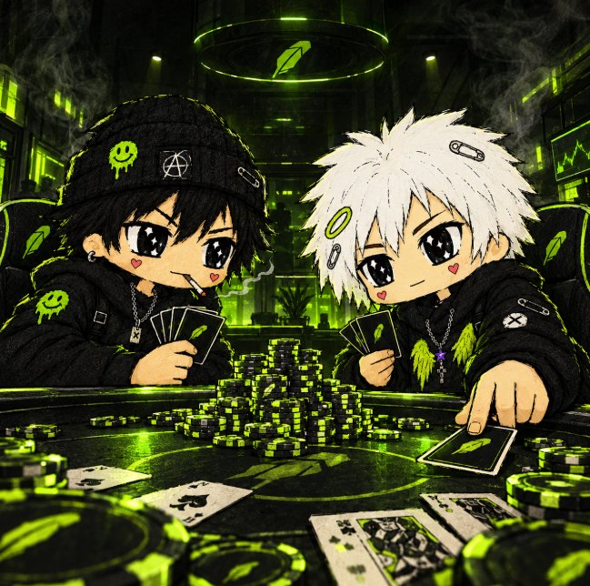 Two anime-style characters with edgy streetwear, piercings, and punk accessories sit across from each other at a casino table piled high with green poker chips and playing cards, bathed in neon green lighting as they face off in a high-stakes game.

The image thematically matches the "Winners GTD" giveaway post by depicting a dramatic winner's circle scenario — the intense poker showdown symbolizes the competitive nature of the FCFS (First Come, First Served) giveaway, where the listed winners are being selected much like cards in a high-stakes deal.