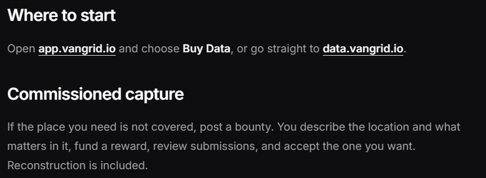 A dark-themed instructional screen titled 'Where to start' explains how to use app.vangrid.io or data.vangrid.io to buy data or post bounties for commissioned capture.