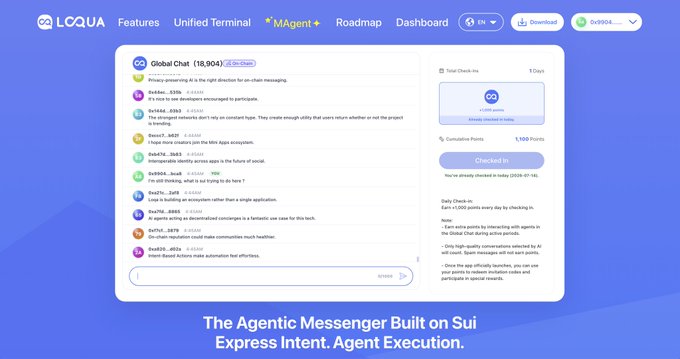 A screenshot of the LOQUA website featuring a chat interface titled 'Global Chat' with the tagline 'The Agentic Messenger Built on Sui Express Intent. Agent Execution.'