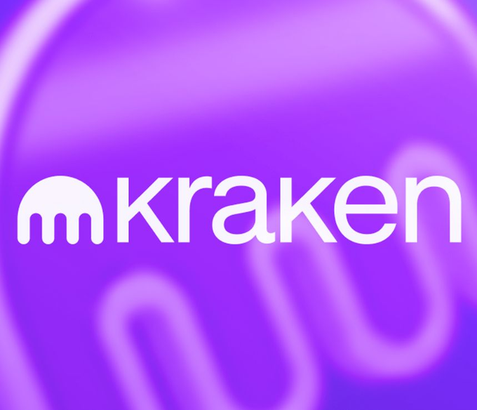 A white Kraken logo is displayed against a vibrant purple background with abstract swirling patterns.