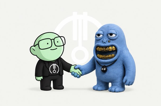 Illustration of two cartoon characters shaking hands: a green-skinned figure with glasses wearing a black suit with a logo, and a blue furry creature with gold grills wearing a necklace.