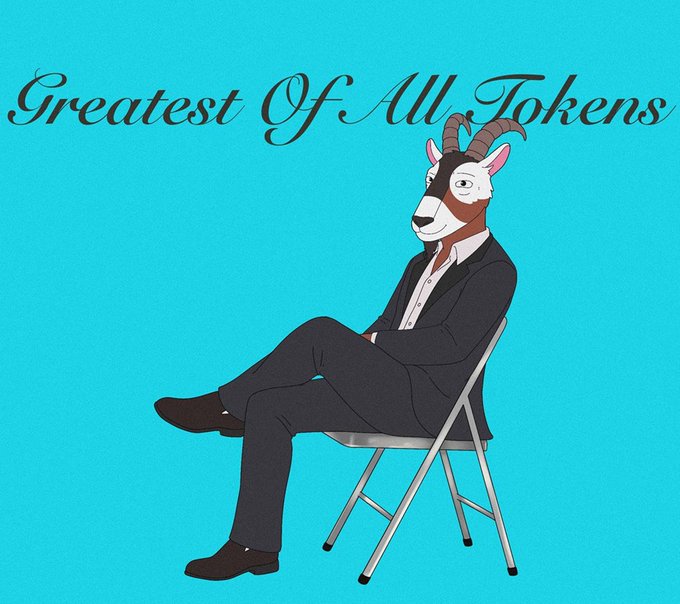 An illustration of an anthropomorphic goat in a black suit sitting in a folding chair against a teal background, captioned "Greatest Of All Tokens."