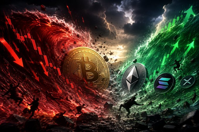A dramatic digital illustration of a crypto market crash, showing a Bitcoin coin alongside Ethereum, Solana, and XRP logos amid red bearish waves on the left and green bullish waves on the right, with people fleeing below.