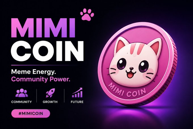 A promotional graphic for 'MIMI COIN' featuring a pink cat-themed coin design, with text 'Meme Energy. Community Power.' and icons for COMMUNITY, GROWTH, and FUTURE, plus the hashtag '#MIMICOIN'.