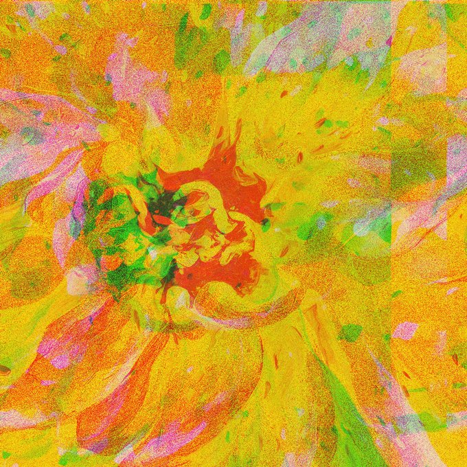 The image features a vibrant painting of a flower with yellow petals and green leaves. The background of the painting is a mix of orange and pink colors, creating an eye-catching contrast against the yellow center of the flower. The artist has used a variety of brushstrokes and techniques to create this colorful and dynamic scene.