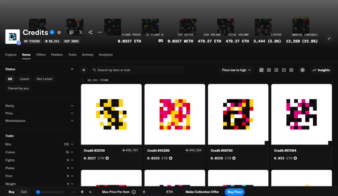 Screenshot of an OpenSea NFT marketplace credits page showing pixel art items with prices in ETH.