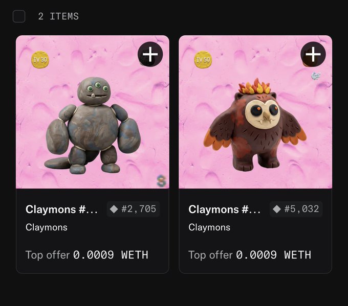 The image displays two "Claymons" NFTs from the @claymons_nft collection, showing Claymon #2,705 (LV 30) and Claymon #5,032 (LV 50), both with top offers of 0.0009 WETH. This aligns with the post, as the user just acquired these two clay-style creature NFTs and is asking the community for recommendations on what to collect next.