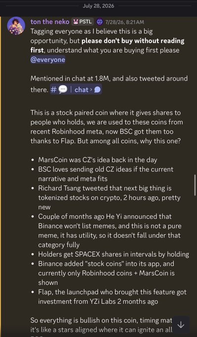 A Discord screenshot from "PastelAlpha" dated July 28, 2026, where user "ton the neko" tags @everyone at 8:21 AM, promoting MarsCoin as a "stock paired coin" with Robinhood ties, citing CZ's original idea, Richard Tsang's tweet about tokenized stocks, and Flap's investment from YZi Labs as bullish catalysts.